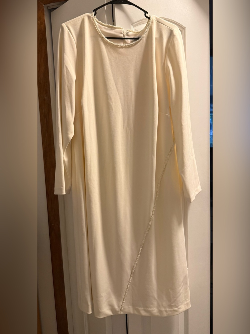 DKNY Cream Long Sleeve Midi Dress with Beaded Trim